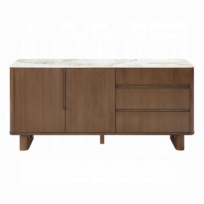 Wooden vanity with marble countertop on a white background