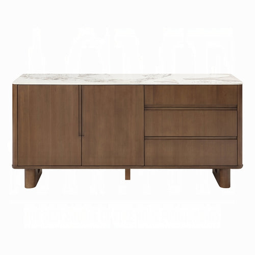 Wooden vanity with marble countertop on a white background