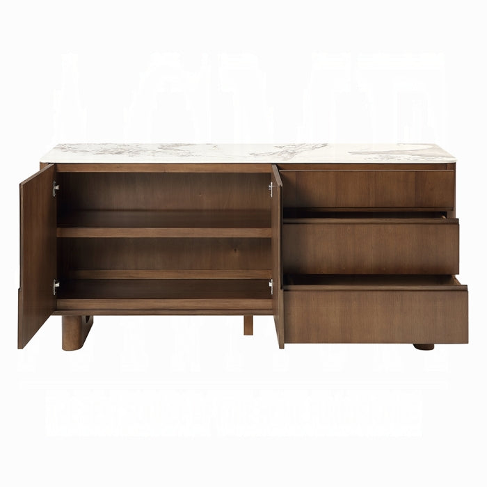 wooden side board showing interior three drawers and two shelves 