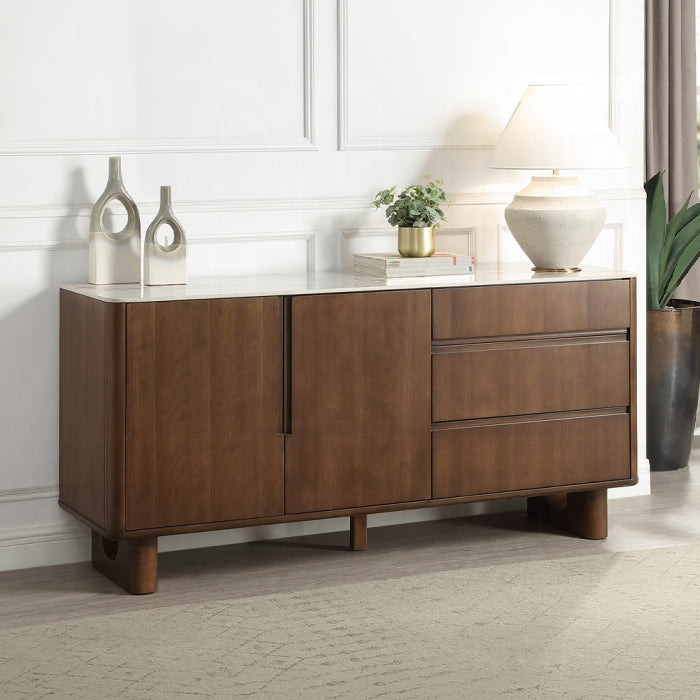Wooden sideboard with decorative items in a room setting
