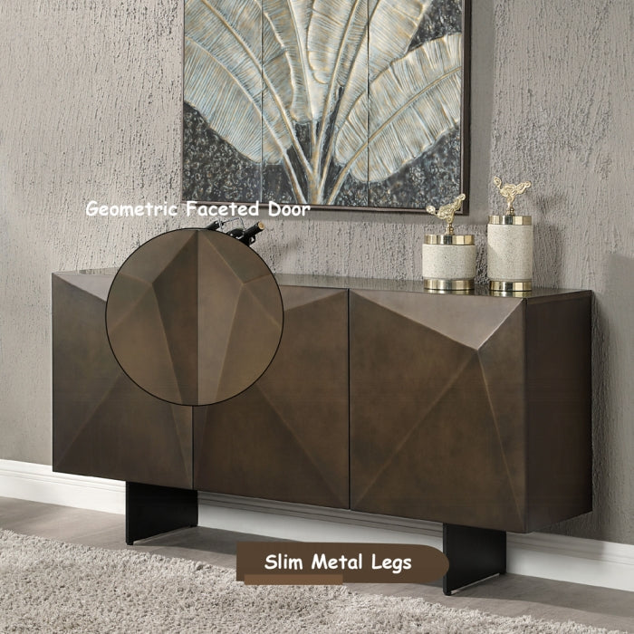 Modern console table with geometric design and slim metal legs in a room setting.