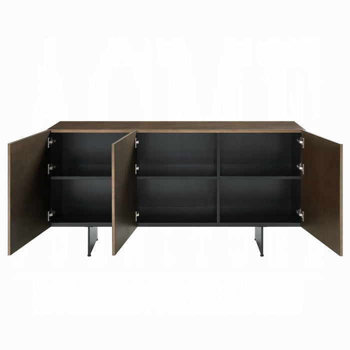 Wooden sideboard with open doors on a white background