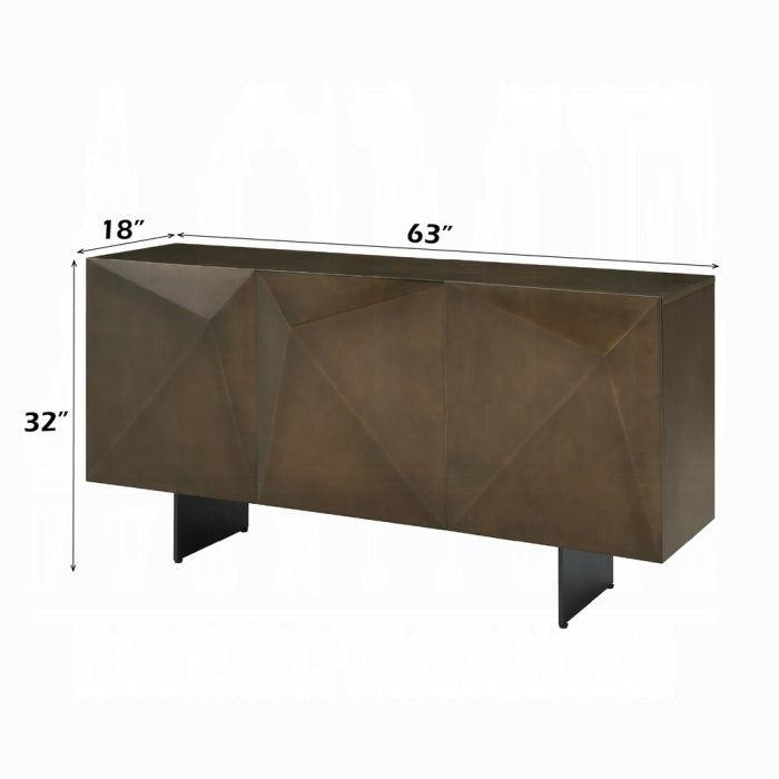 Brown geometric-patterned console table with dimensions on a white background