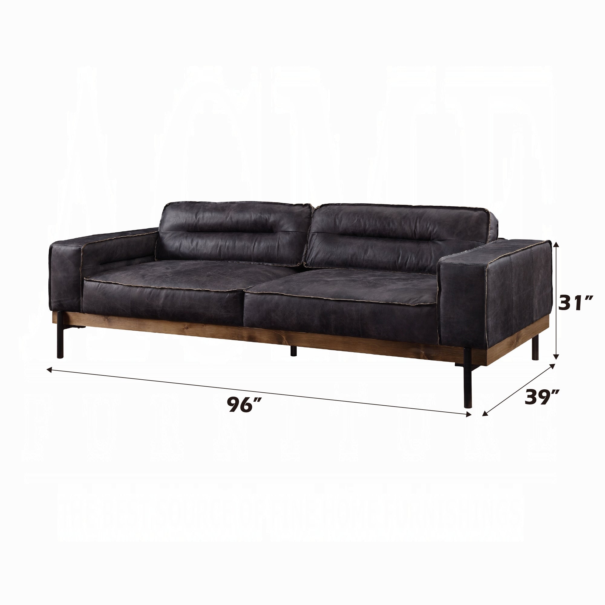Black leather sofa with dimensions labeled on a white background