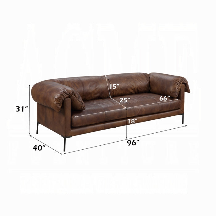 Brown leather sofa with dimensions labeled on a white background