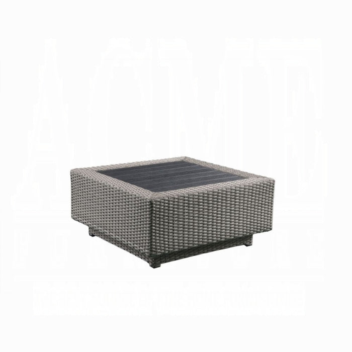 Square outdoor table with wicker design on a white background