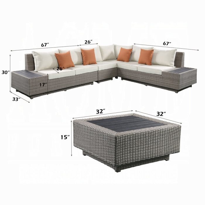 Outdoor furniture set with sectional sofa and fire pit table, showing dimensions on a white background.