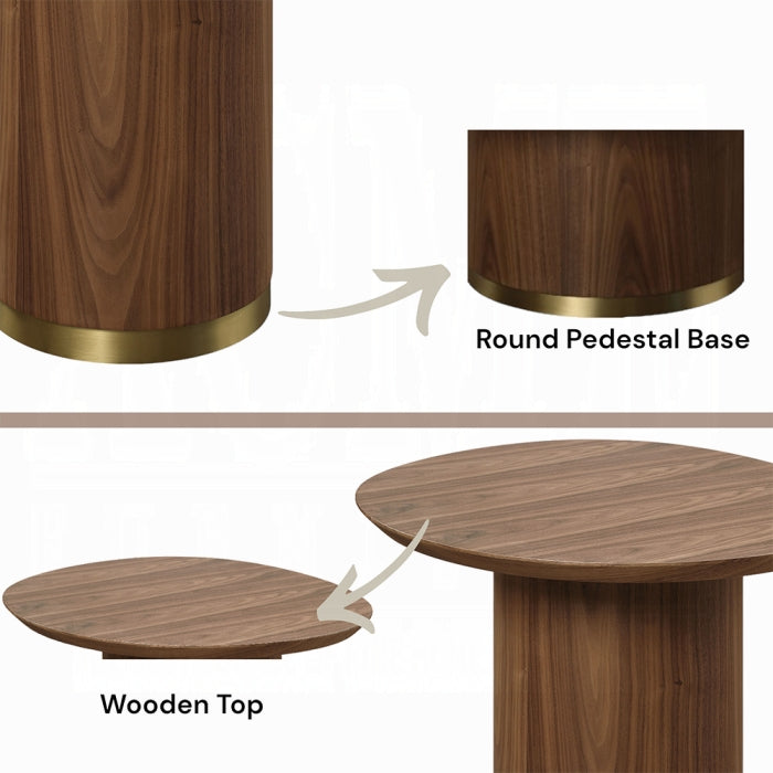 Wooden table with round pedestal base and wooden top, labeled components.