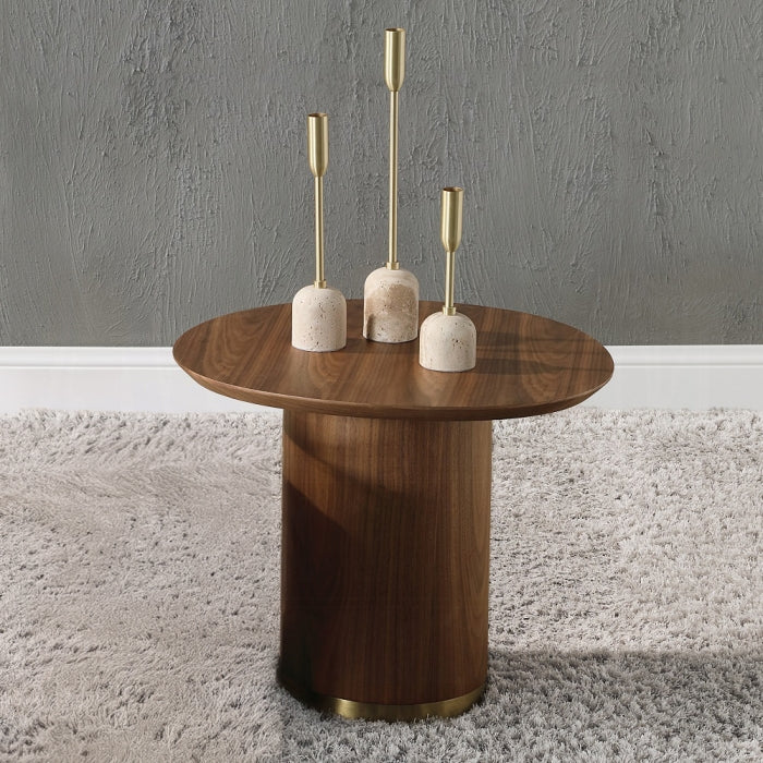 Wooden side table with decorative vases on a textured gray floor and wall.
