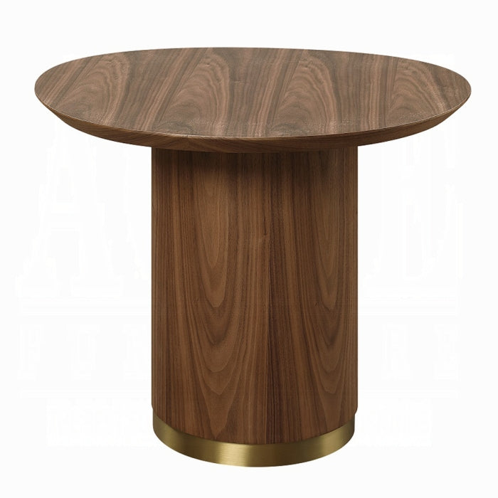 Wooden round table with a gold base color on a white background