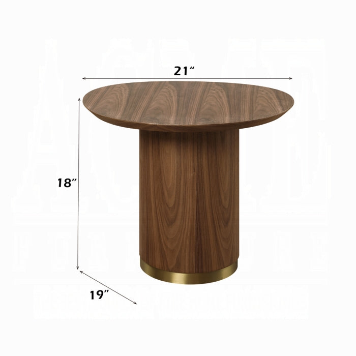 Wooden side table with dimensions on a white background