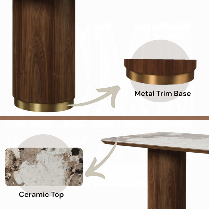 Diagram showing the components of a table with a wooden base, metal trim, and marble top look alike 